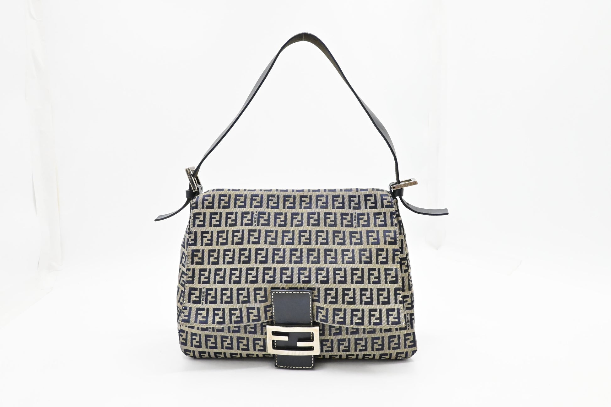 Fendi Mama Baguette In Zucca Handbag Canvas Navy Shoulder Bag And Grey Canvas