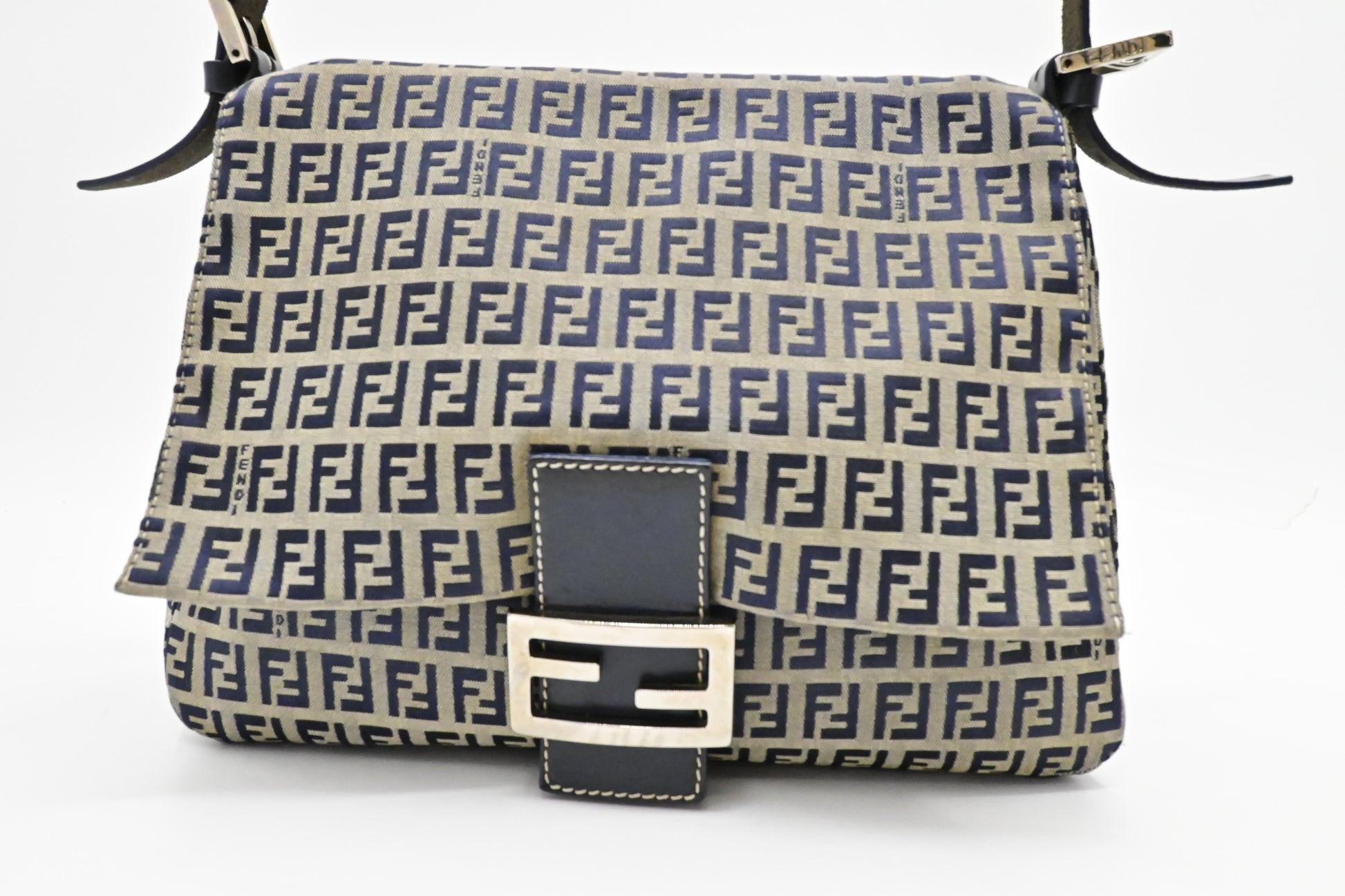 Fendi Mama Baguette In Zucca Handbag Canvas Navy Shoulder Bag And Grey Canvas