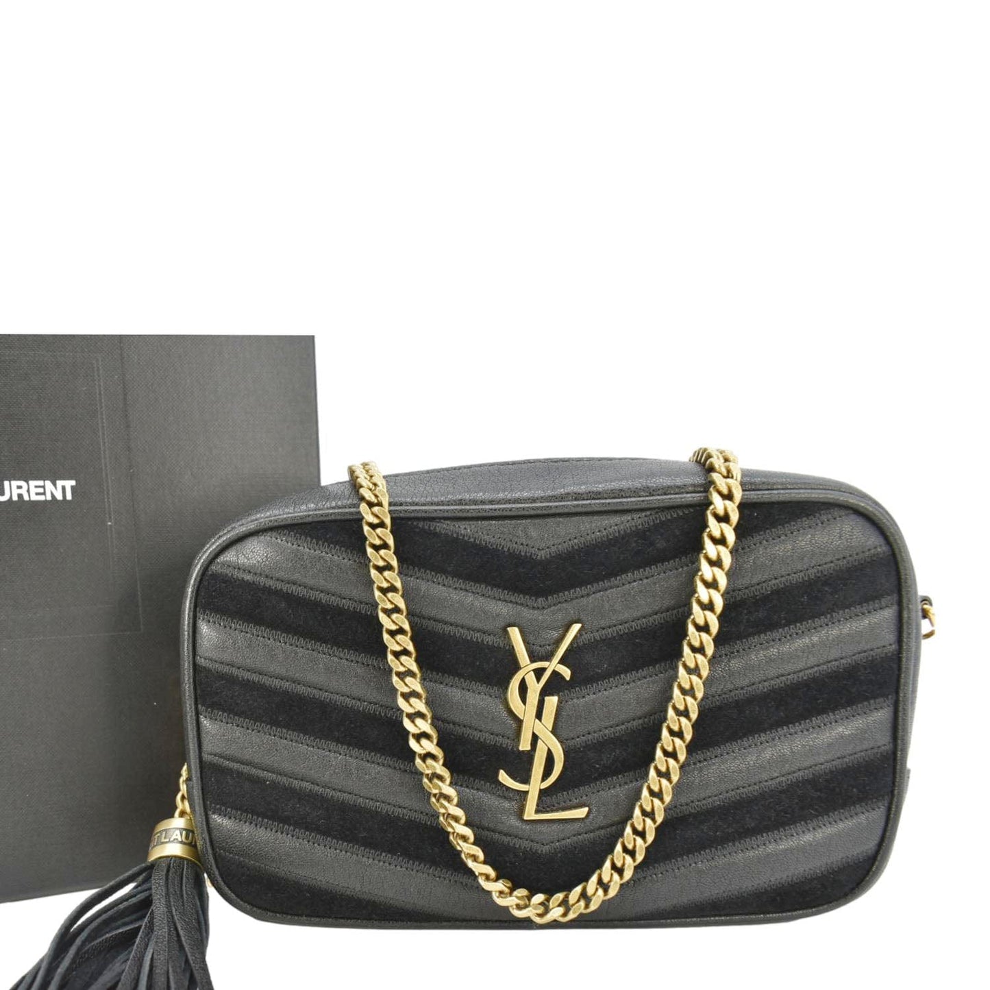 YSL Saint Laurent Yves Lou Camera Chevron Crossbody Bag Leather Black