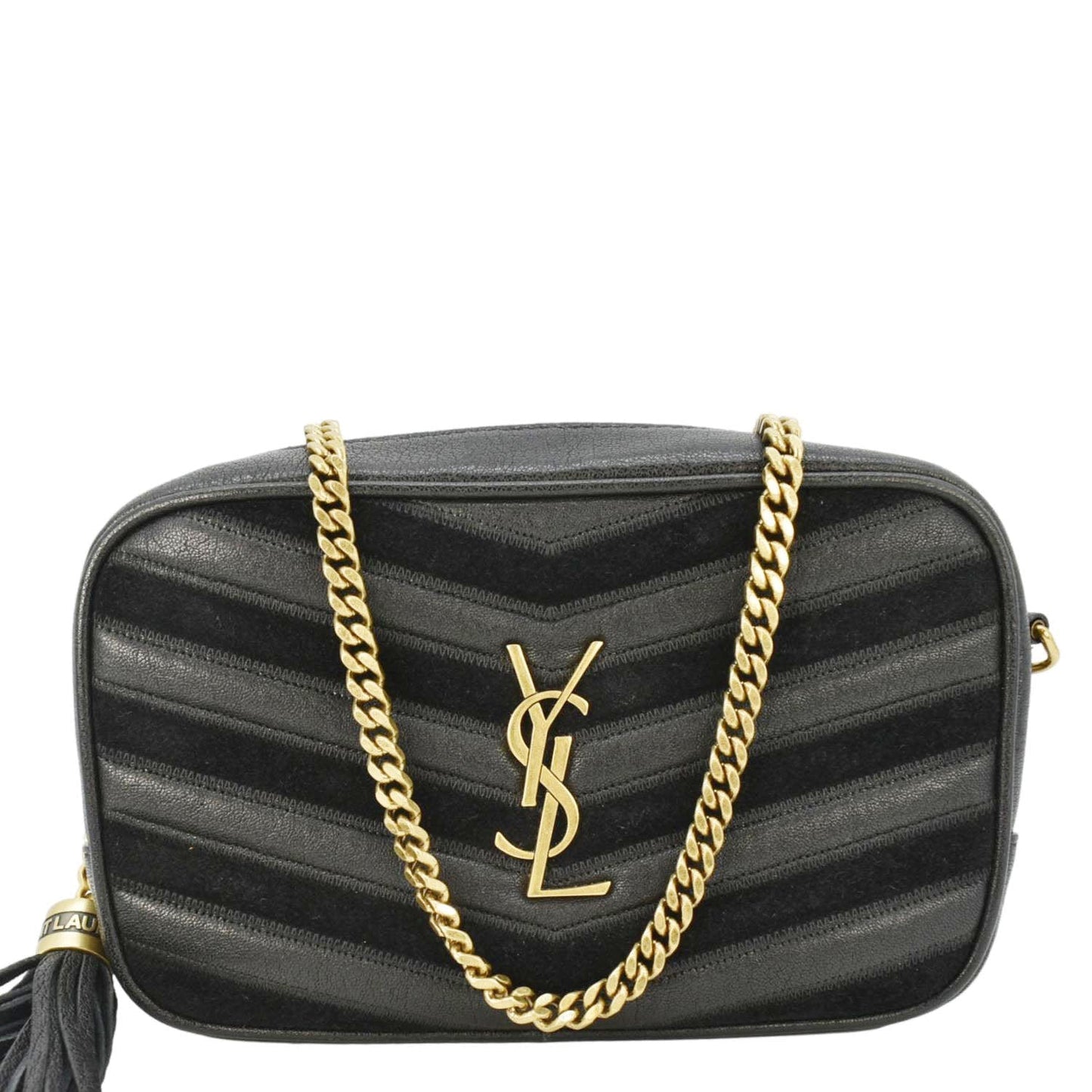 YSL Saint Laurent Yves Lou Camera Chevron Crossbody Bag Leather Black