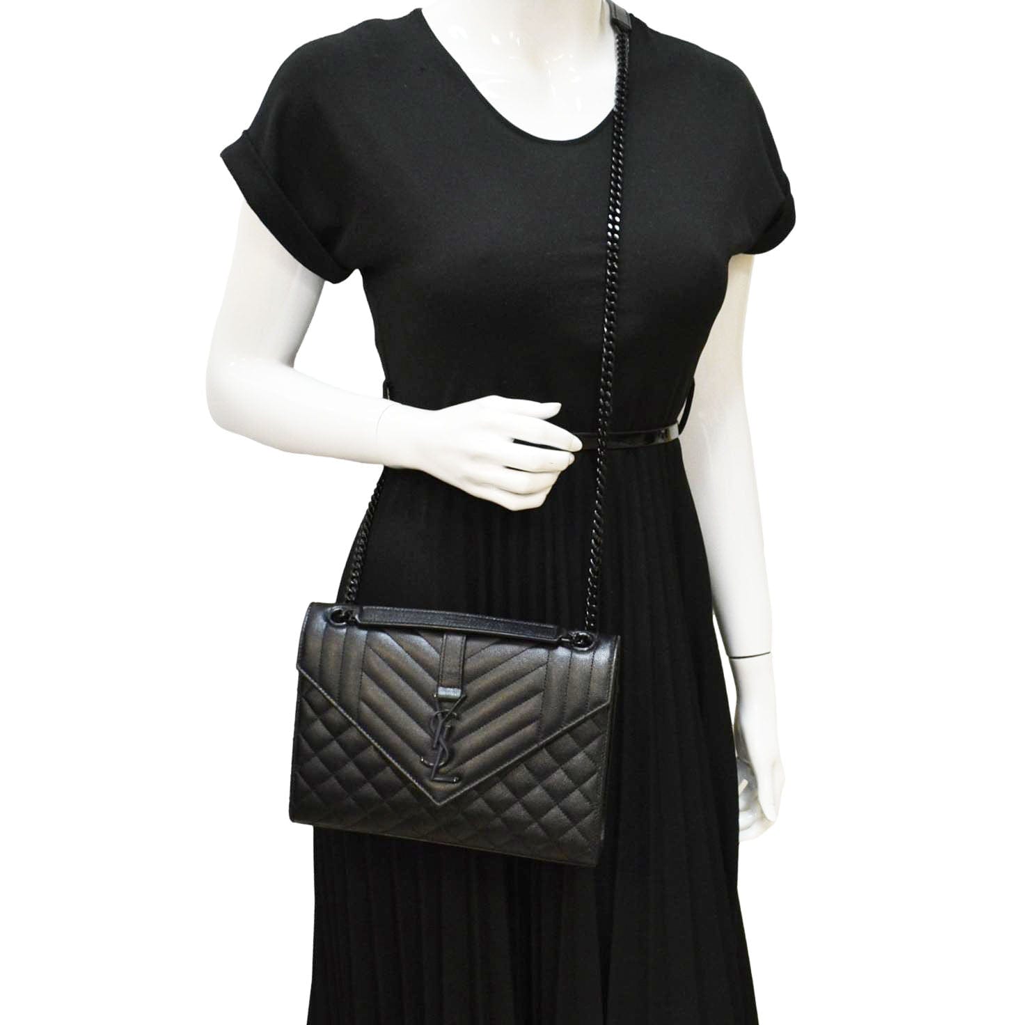 YSL Saint Laurent Yves Envelope Mixed Shoulder Bag Leather Matelasse Black