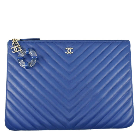 Chanel O Chevron Leather Blue Travel Bag Clutch Blue