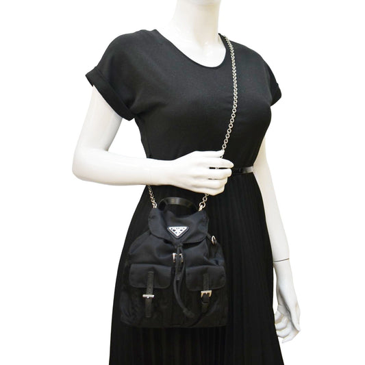Prada Double Pocket Backpack Crossbody Bag Nylon Black Mini