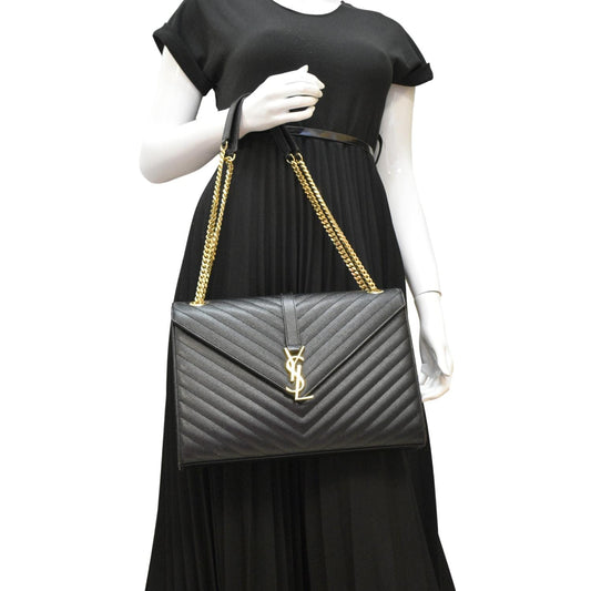 YSL Saint Laurent Yves Envelope Shoulder Bag Leather Black Large