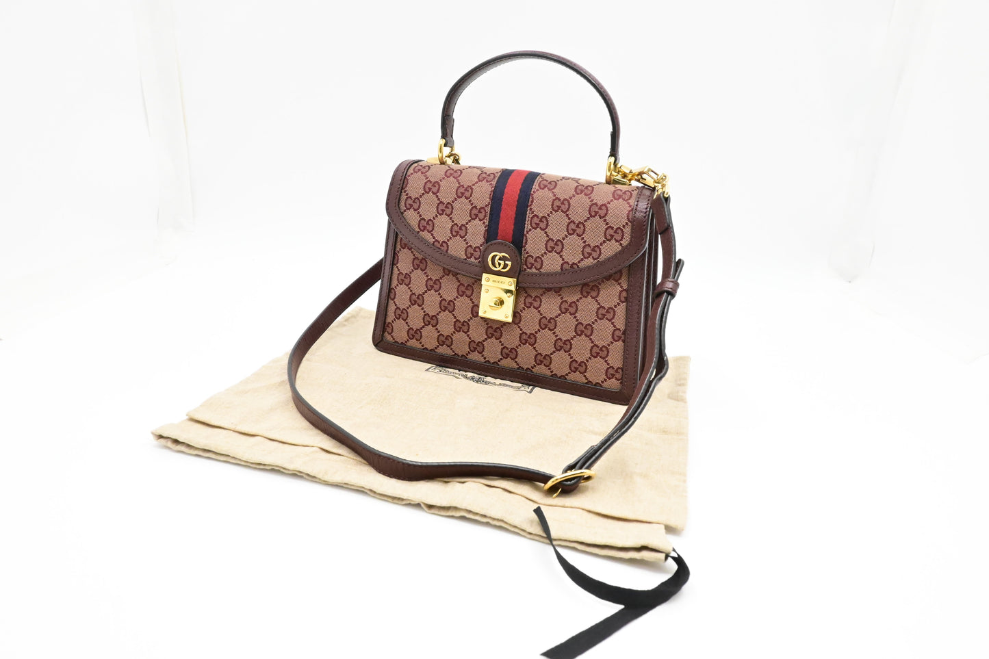 Gucci Ophidia Burgundy GG & Leather Canvas Top Handle Travel Bag