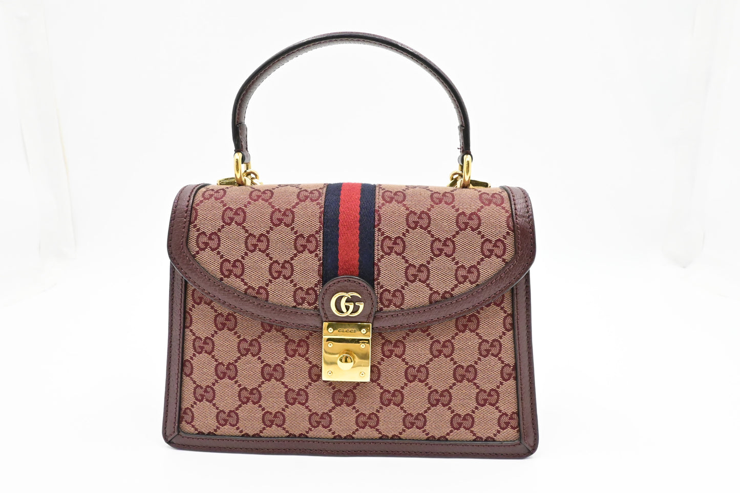 Gucci Ophidia Burgundy GG & Leather Canvas Top Handle Travel Bag