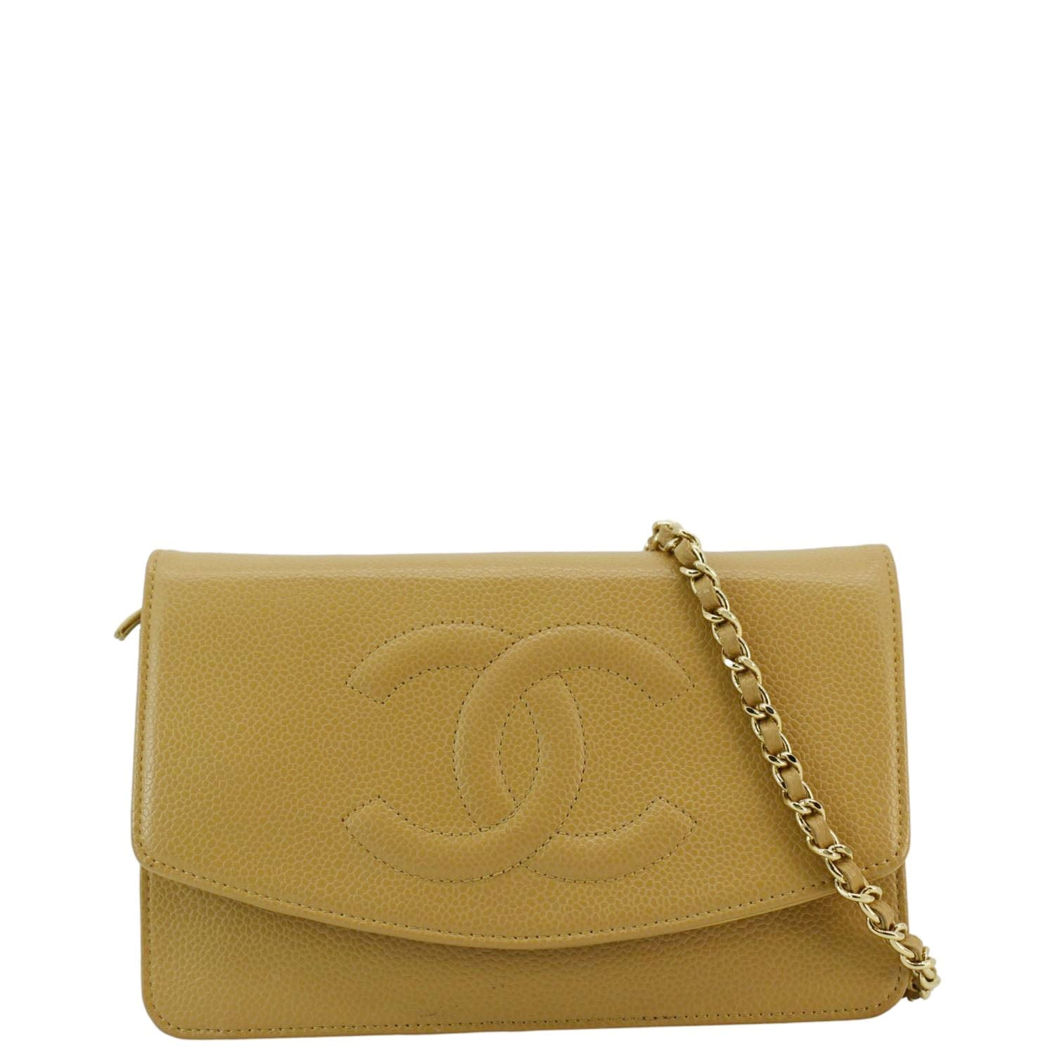 Chanel Timeless Caviar On Leather Beige Wallet Case