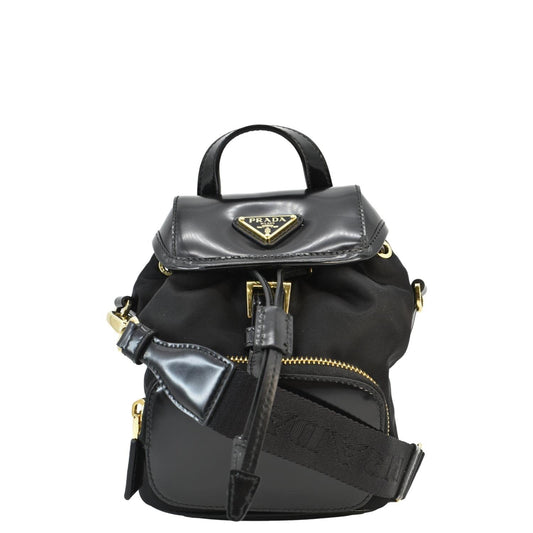 Prada Re Brushed Crossbody Backpack Leather Nylon Black Crossbody Bag