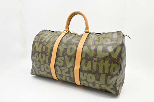 Louis Vuitton x Stephen Spro Keepall 50 Graffiti Monogram Green Canvas Travel Bag