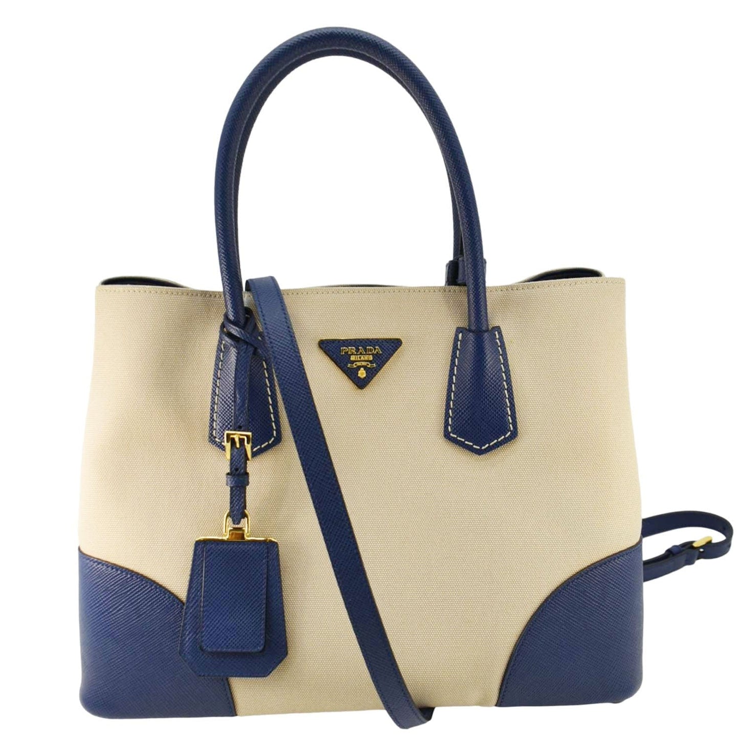 Prada Double Handle Tote Shoulder Bag Canvas Beige