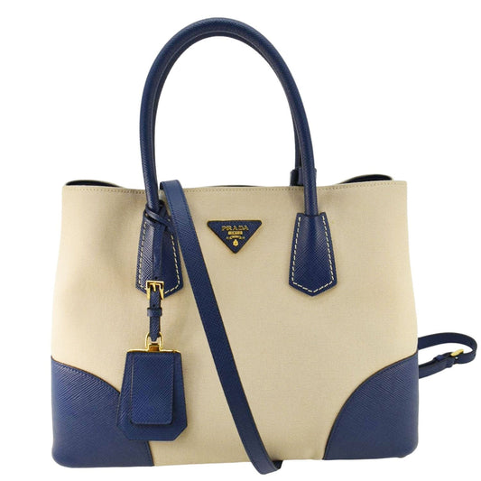 Prada Double Handle Tote Shoulder Bag Canvas Beige