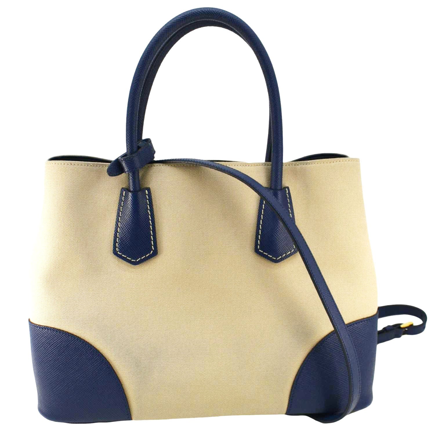 Prada Double Handle Tote Shoulder Bag Canvas Beige
