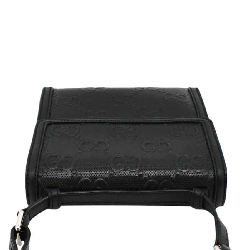 Gucci Embossed Messenger Bag Leather Black Crossbody Bag
