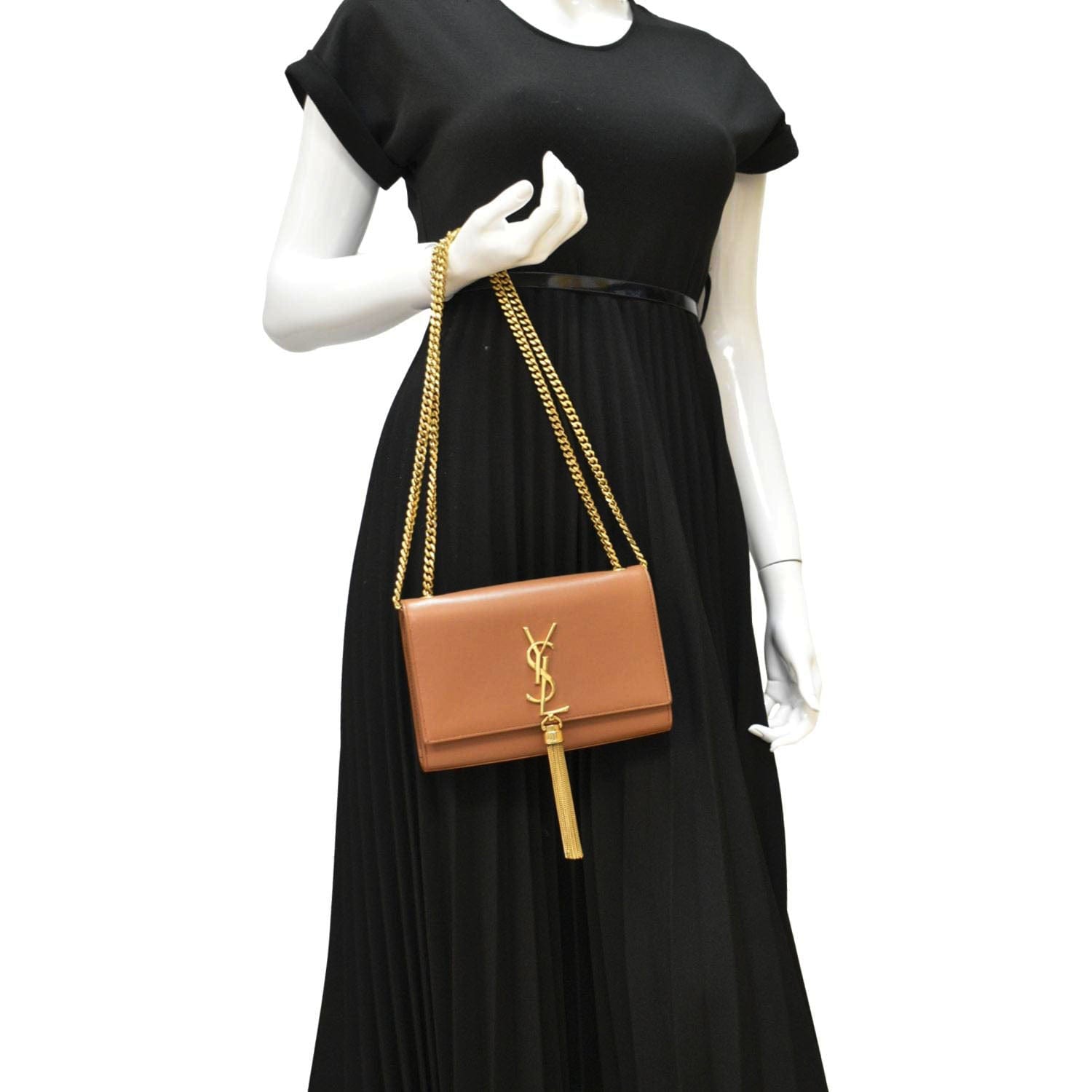 YSL Saint Laurent Yves Kate Clutch Crossbody Bag Leather Tan Chain Clutch Bag