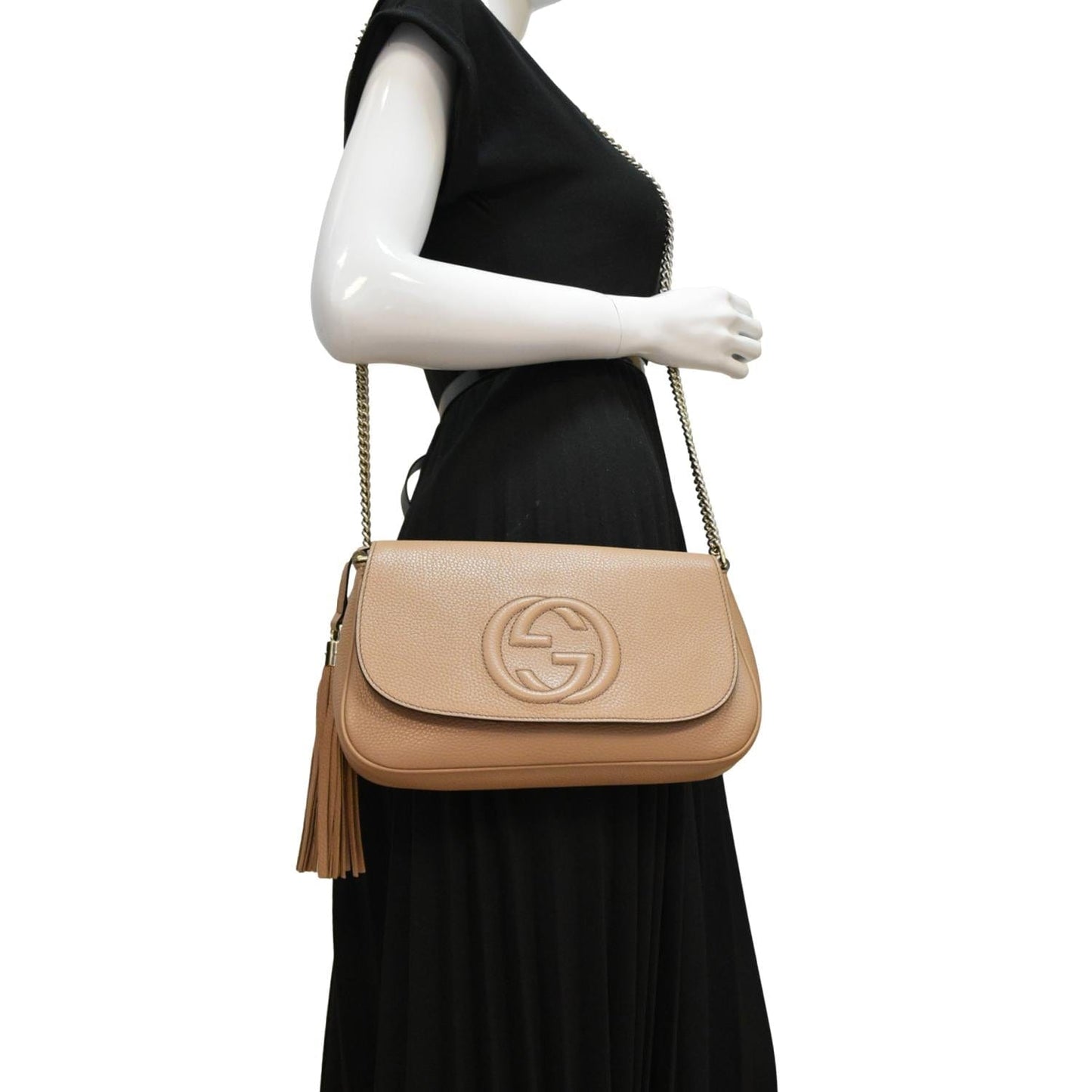 Gucci Soho Flap Crossbody Bag Rose Leather Beige Chain Crossbody