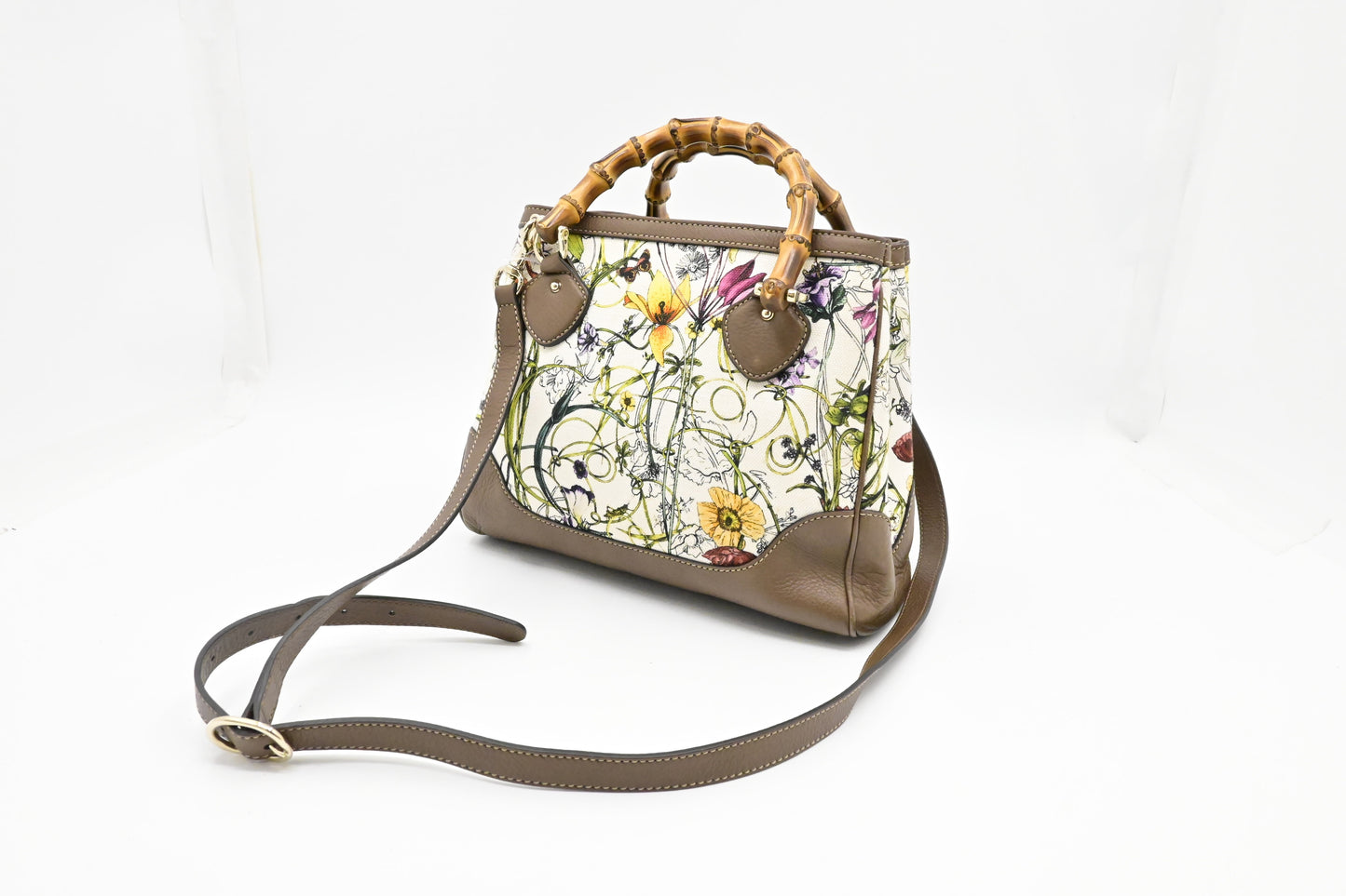 Gucci Bamboo 2way Flora Canvas White Travel Bag
