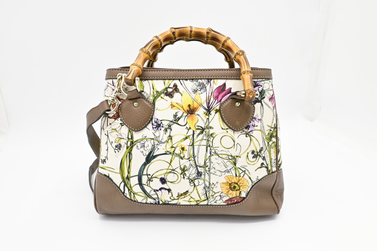 Gucci Bamboo 2way Flora Canvas White Travel Bag
