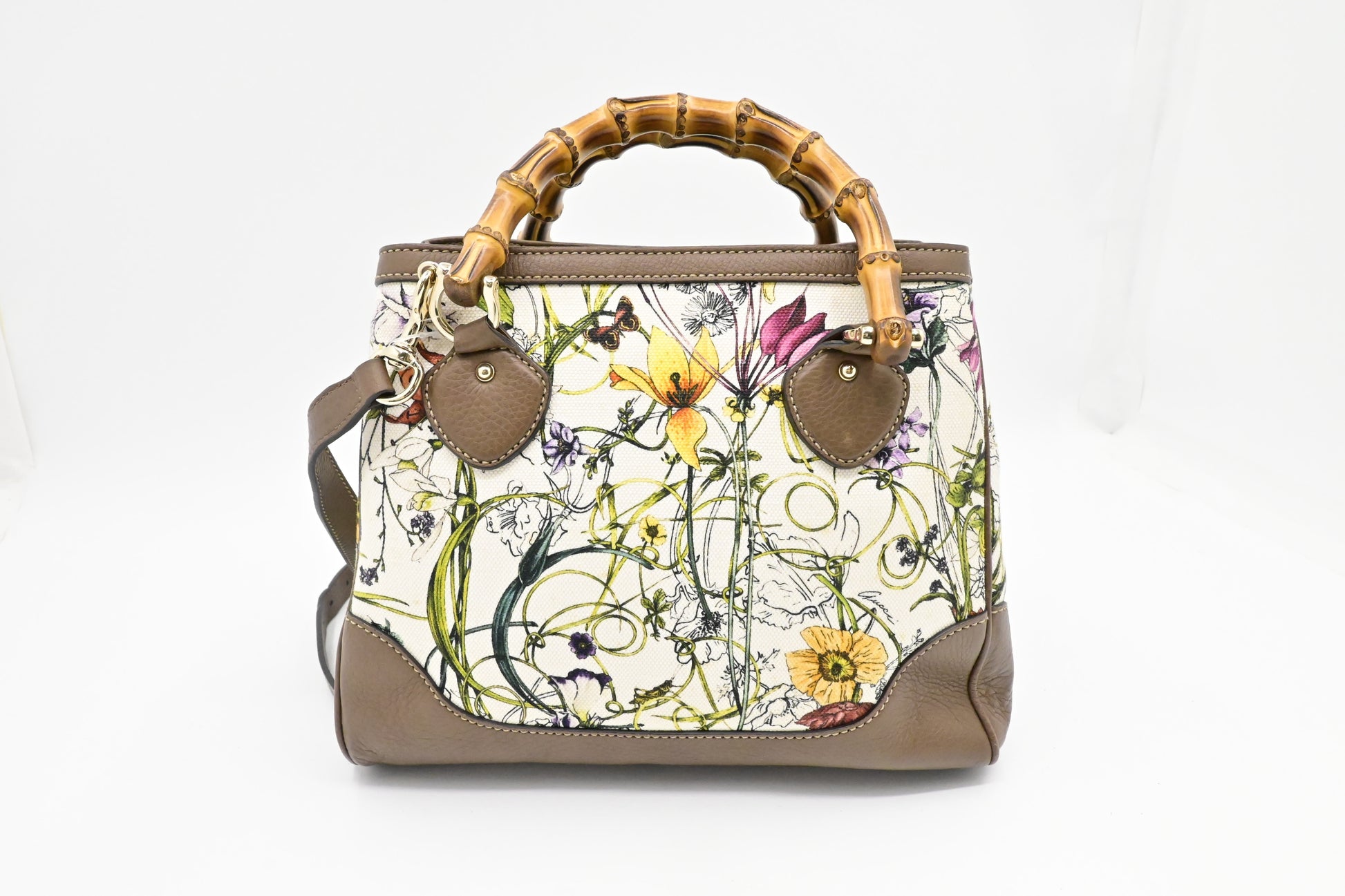 Gucci Bamboo 2way Flora Canvas White Travel Bag