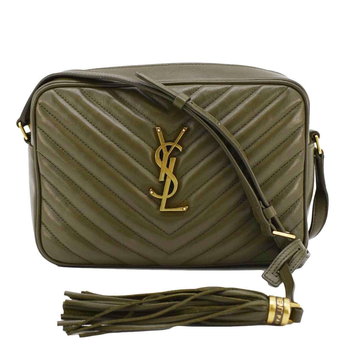 YSL Saint Laurent Yves Lou Chevron Camera Crossbody Bag Olive Leather