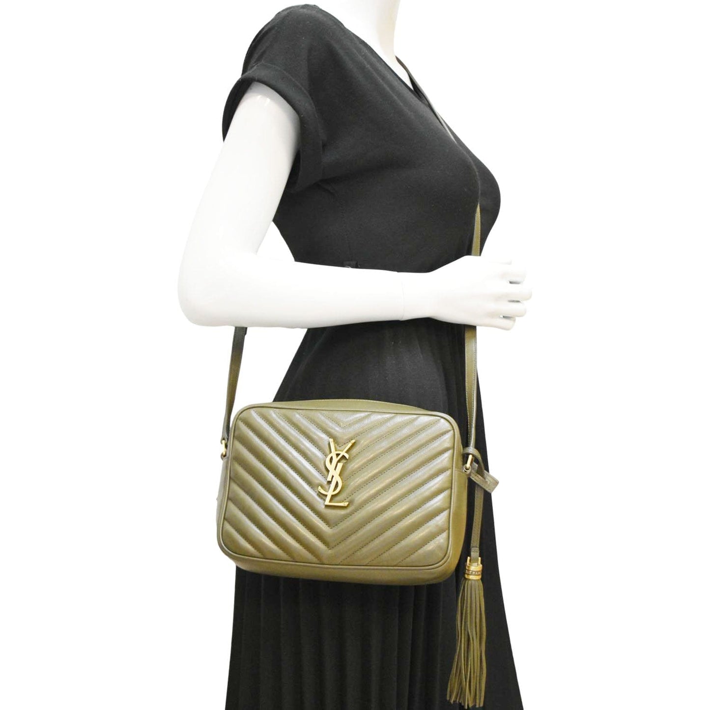 YSL Saint Laurent Yves Lou Chevron Camera Crossbody Bag Olive Leather