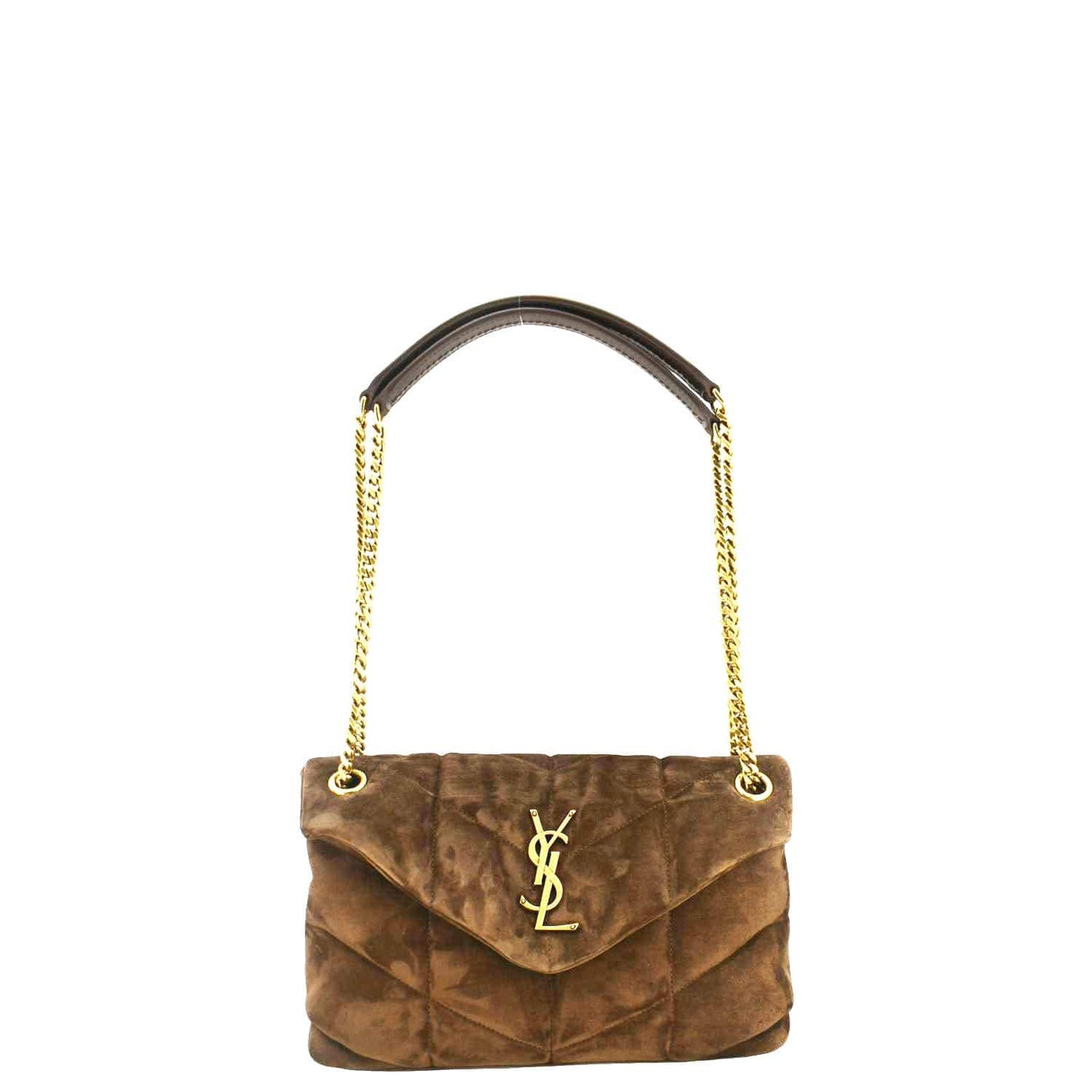 YSL Saint Laurent Yves Loulou Puffer Shoulder Bag Suede Quilted Brown