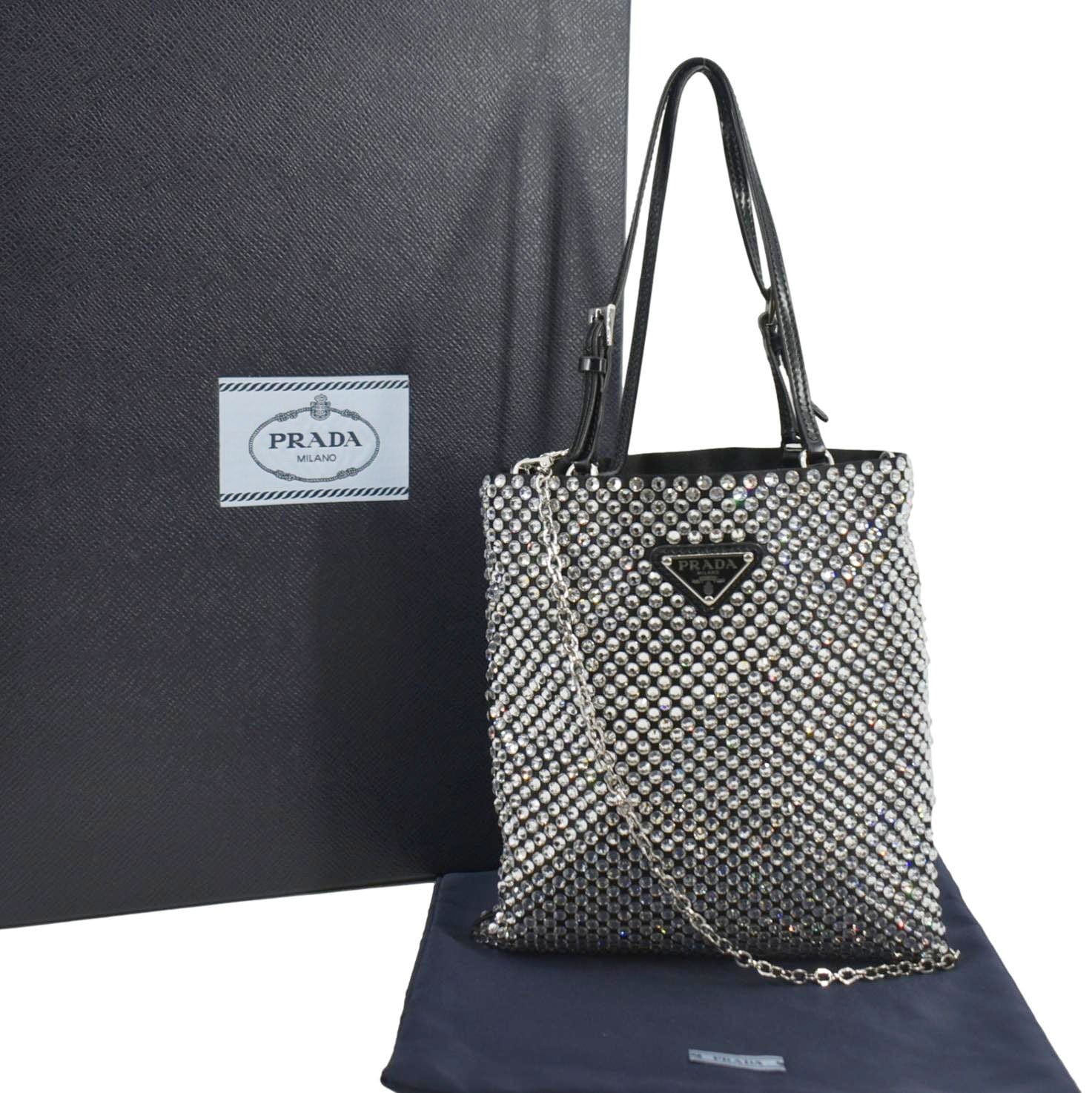 Chain Flat Crystal Embellished Tote Bag Satin Silver Shoes