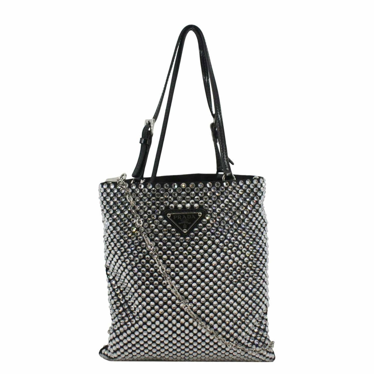Chain Flat Crystal Embellished Tote Bag Satin Silver Shoes