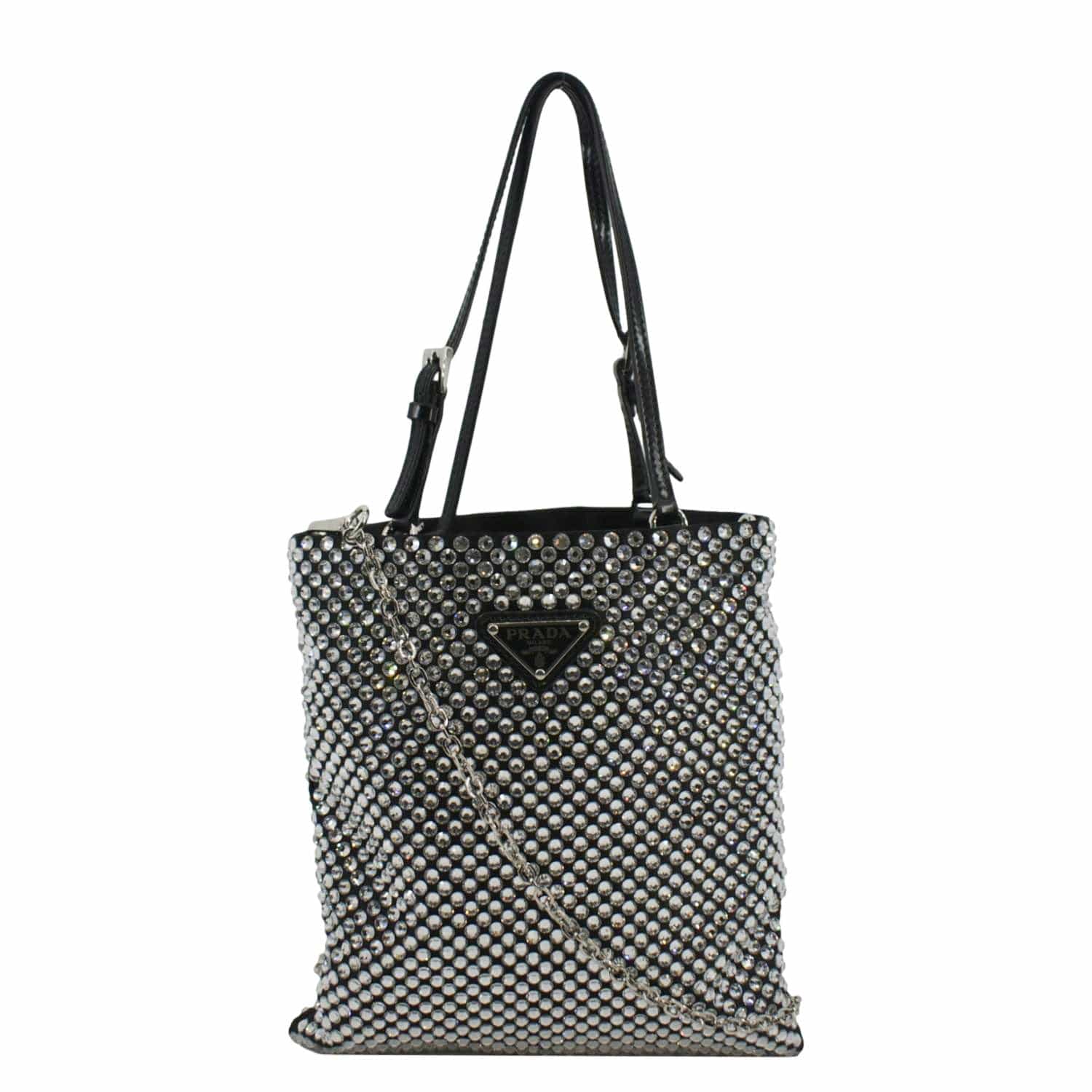 Chain Flat Crystal Embellished Tote Bag Satin Silver Shoes