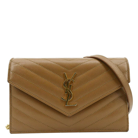 YSL Saint Laurent Saint Cassandre Wallet On Envelope Bag Caramel Leather Chain Crossbody Bag