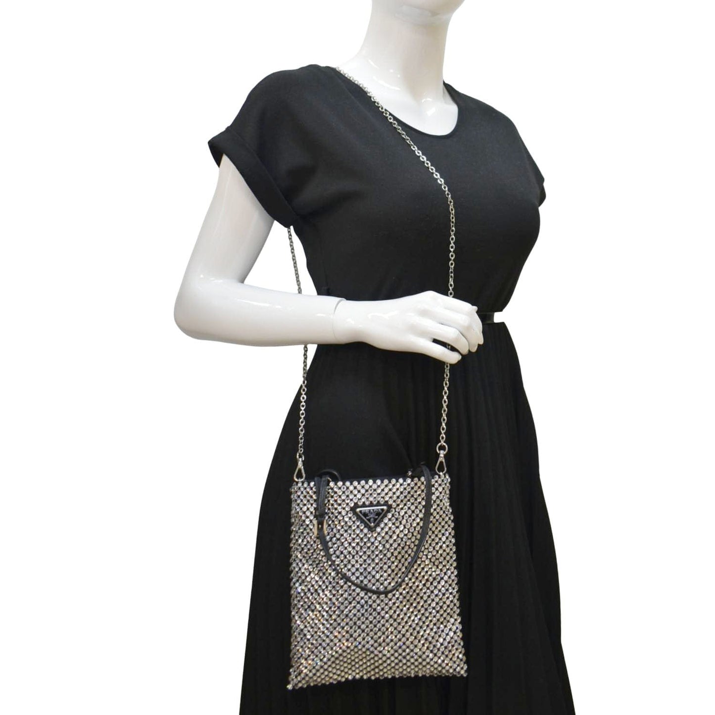 Chain Flat Crystal Embellished Tote Bag Satin Silver Shoes