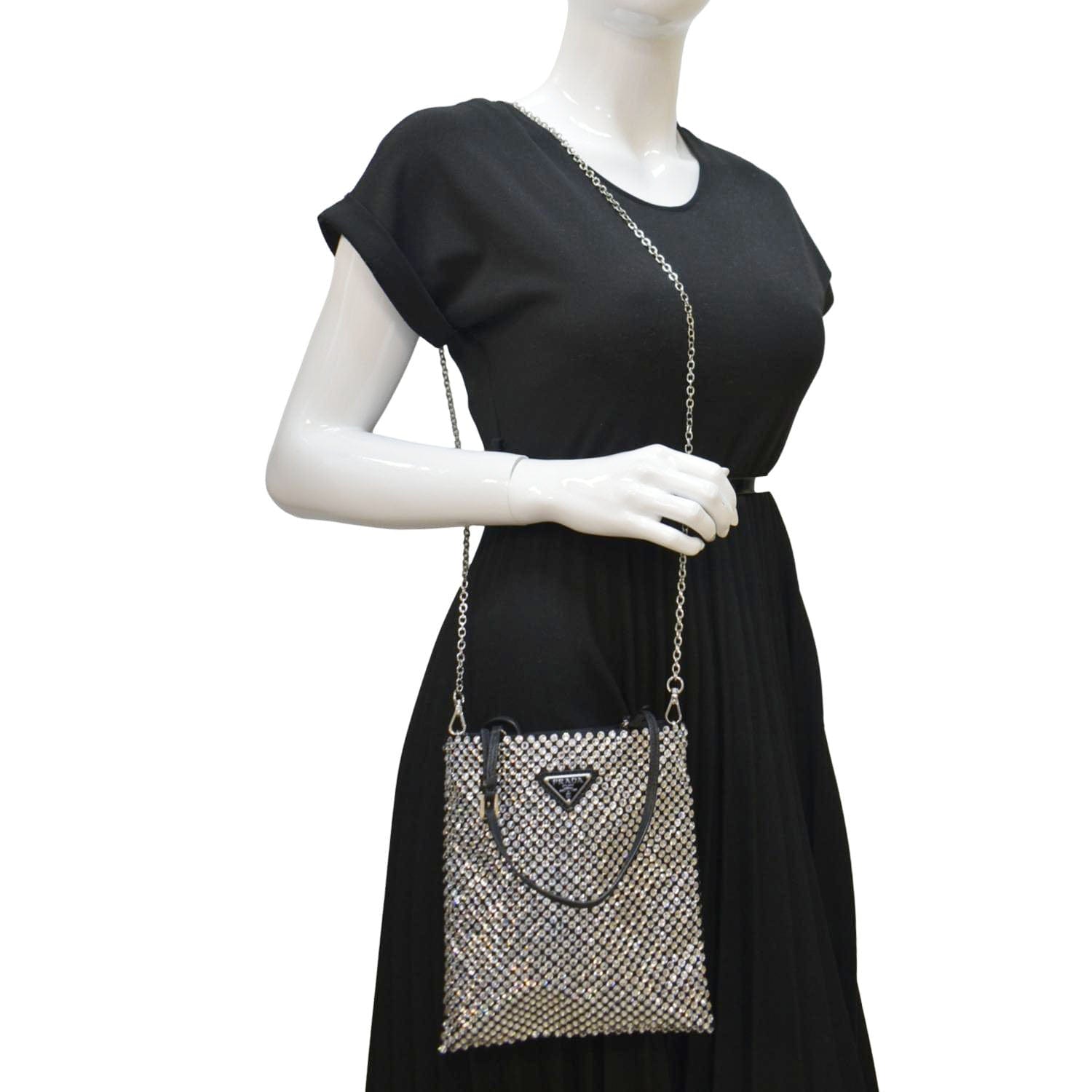 Prada Flat Crystal Embellished Tote Bag Satin Silver Mini Shoes