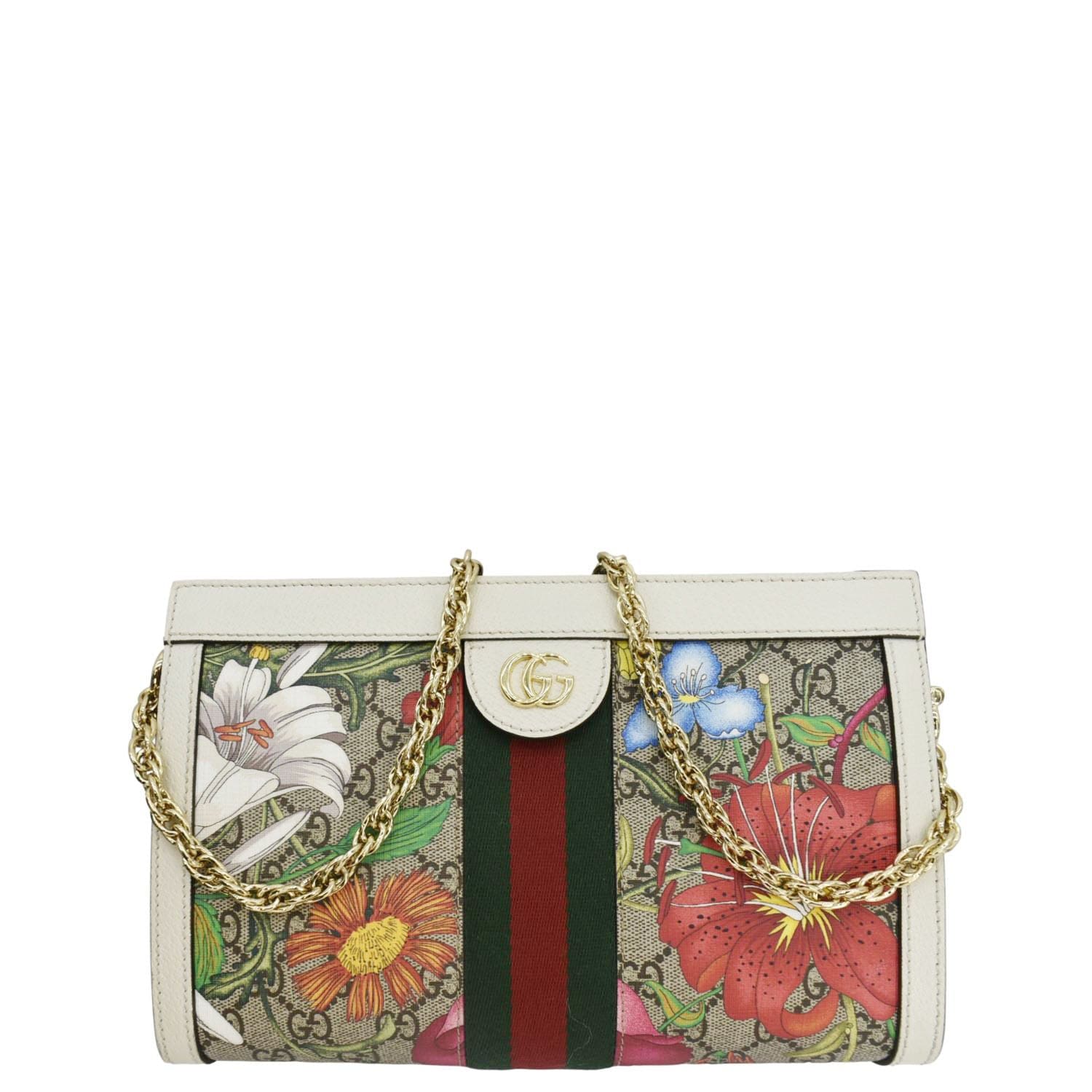 Gucci Ophidia Web Floral Chain Shoulder Bag Canvas Beige