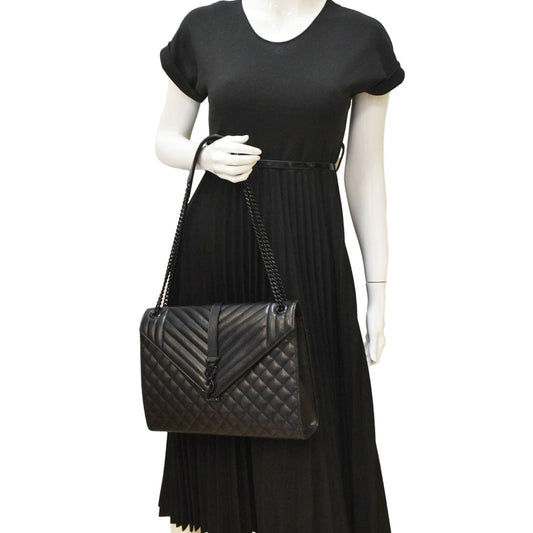 YSL Saint Laurent Yves Envelope Mix Matelass Shoulder Bag Leather Black Chain Matelasse Envelope Chain