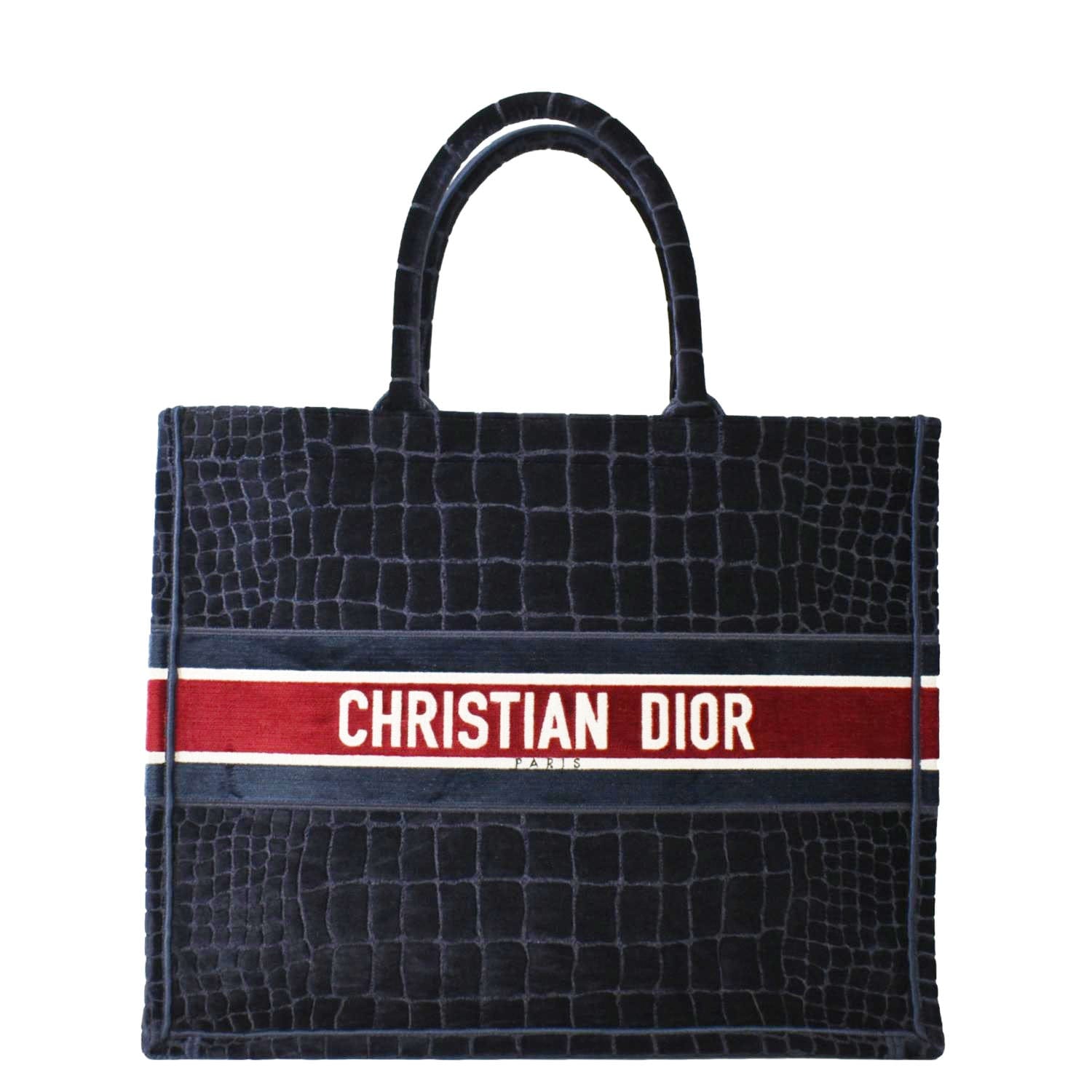Dior Book Embossed Velvet Tote Bag Navy Large