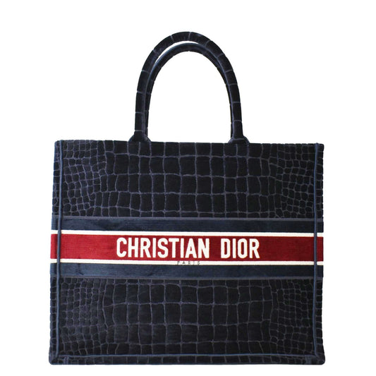Dior Book Embossed Velvet Tote Bag Navy Large