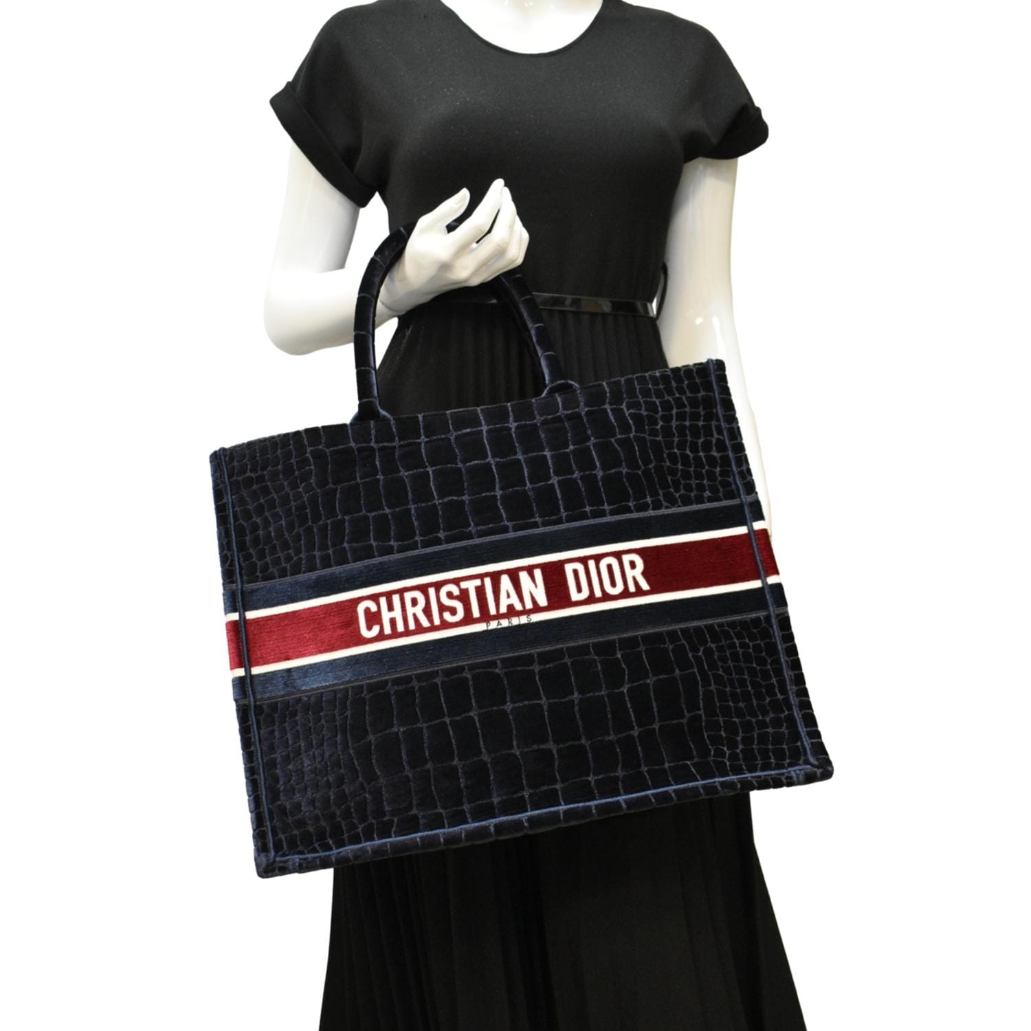 Dior Book Velvet Tote Bag Navy Large Embossed
