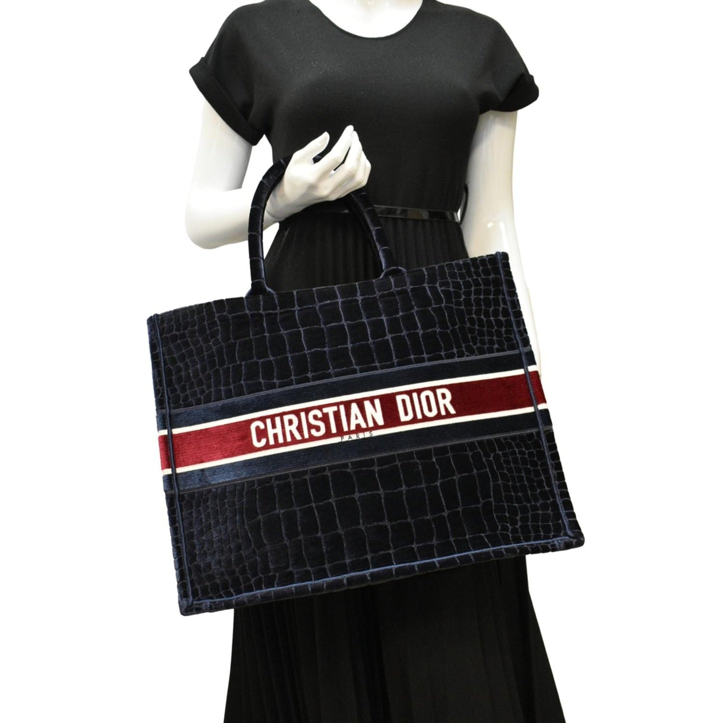 Dior Book Embossed Velvet Tote Bag Navy Large
