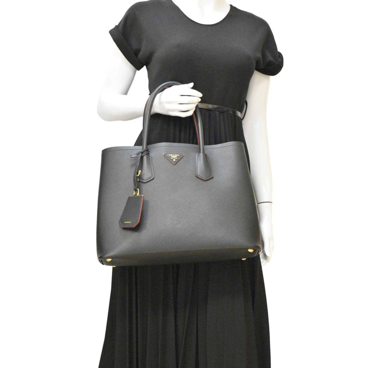 Prada Double Handle Tote Bag Leather Saffiano Black