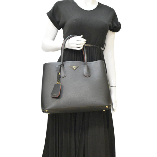 Prada Double Handle Tote Bag Leather Saffiano Black