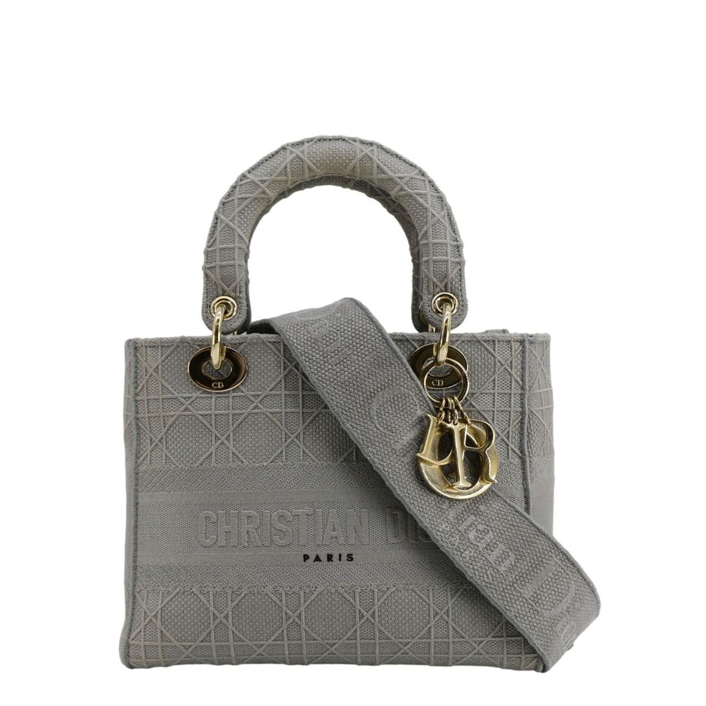 Dior Shoulder Bag Lady D-Lite Cannage Canvas Gray Embroidered