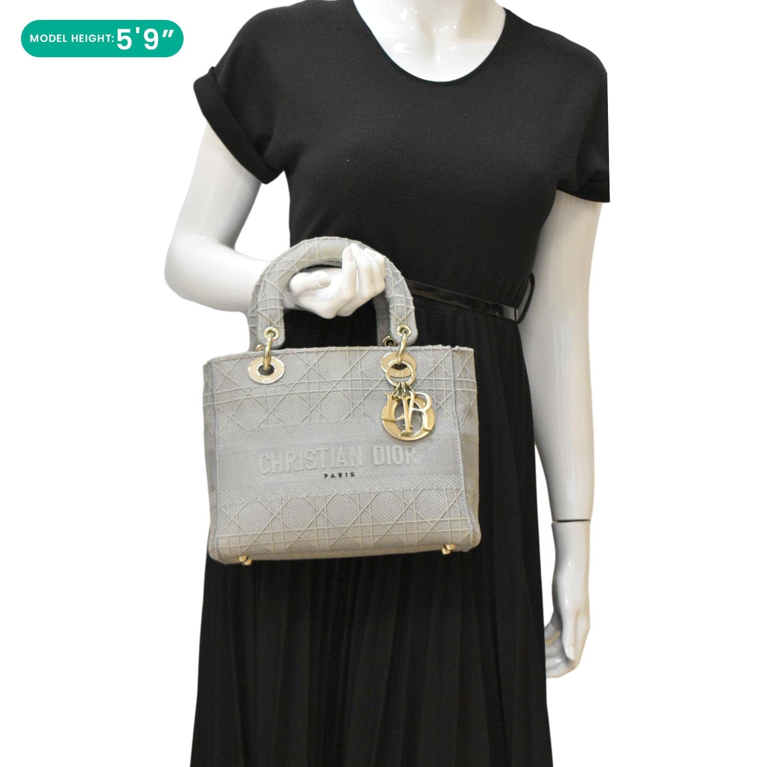 Dior Lady Lite Cannage Shoulder Bag Canvas Gray Embroidered