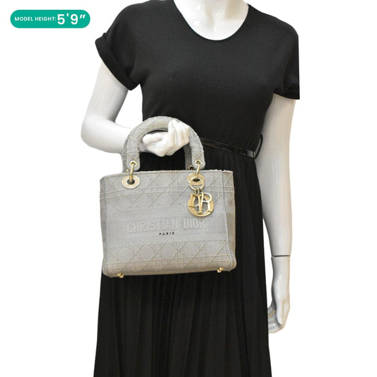 Dior Lady Lite Cannage Shoulder Bag Canvas Gray Embroidered