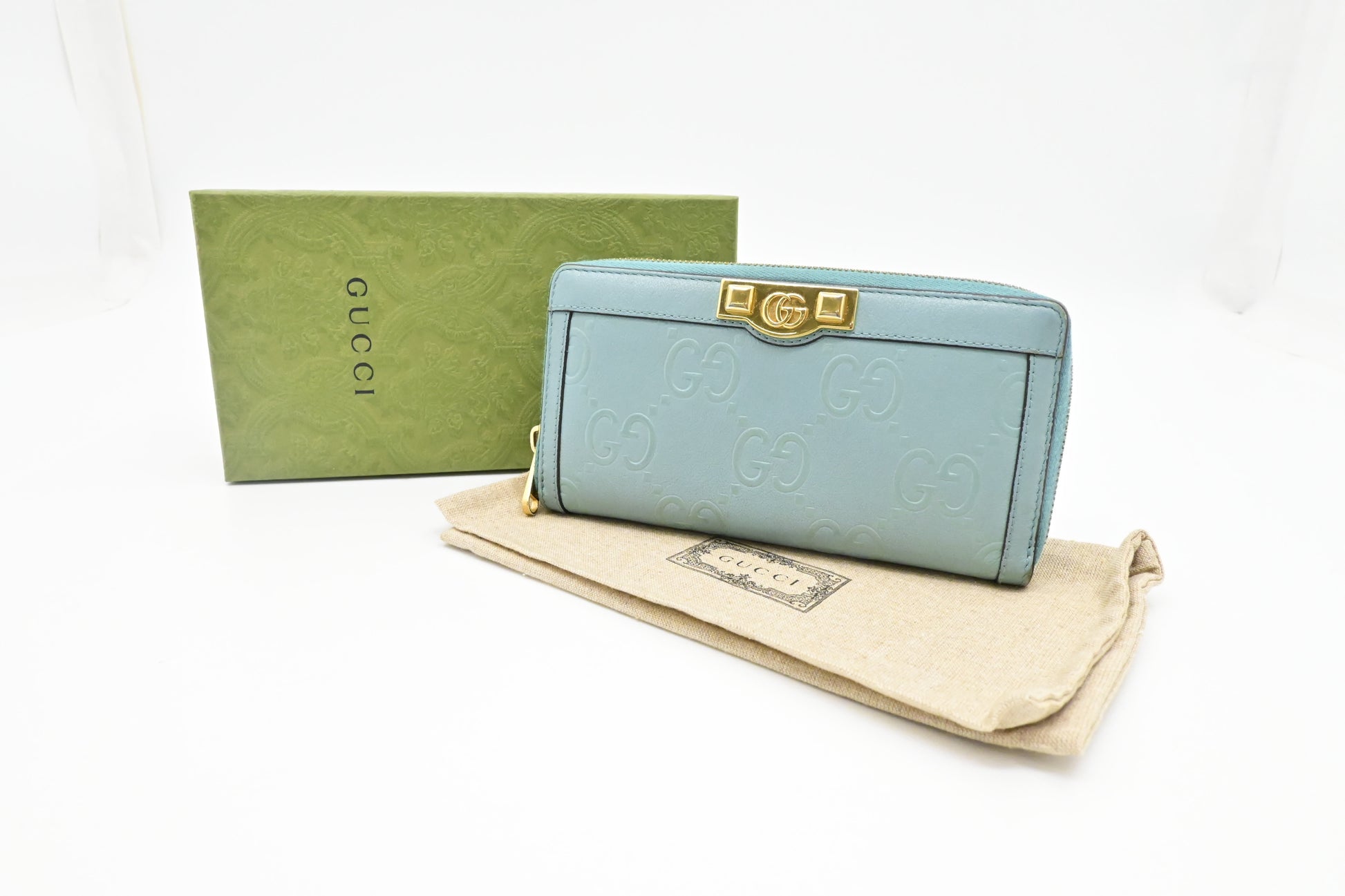 Gucci Long Zippy Light Leather Blue Wallet Case