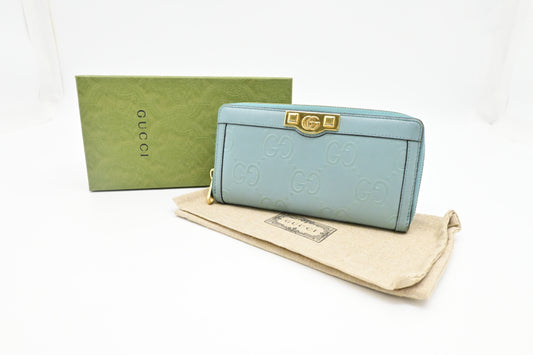 Gucci Long Zippy Light Leather Blue Wallet Case