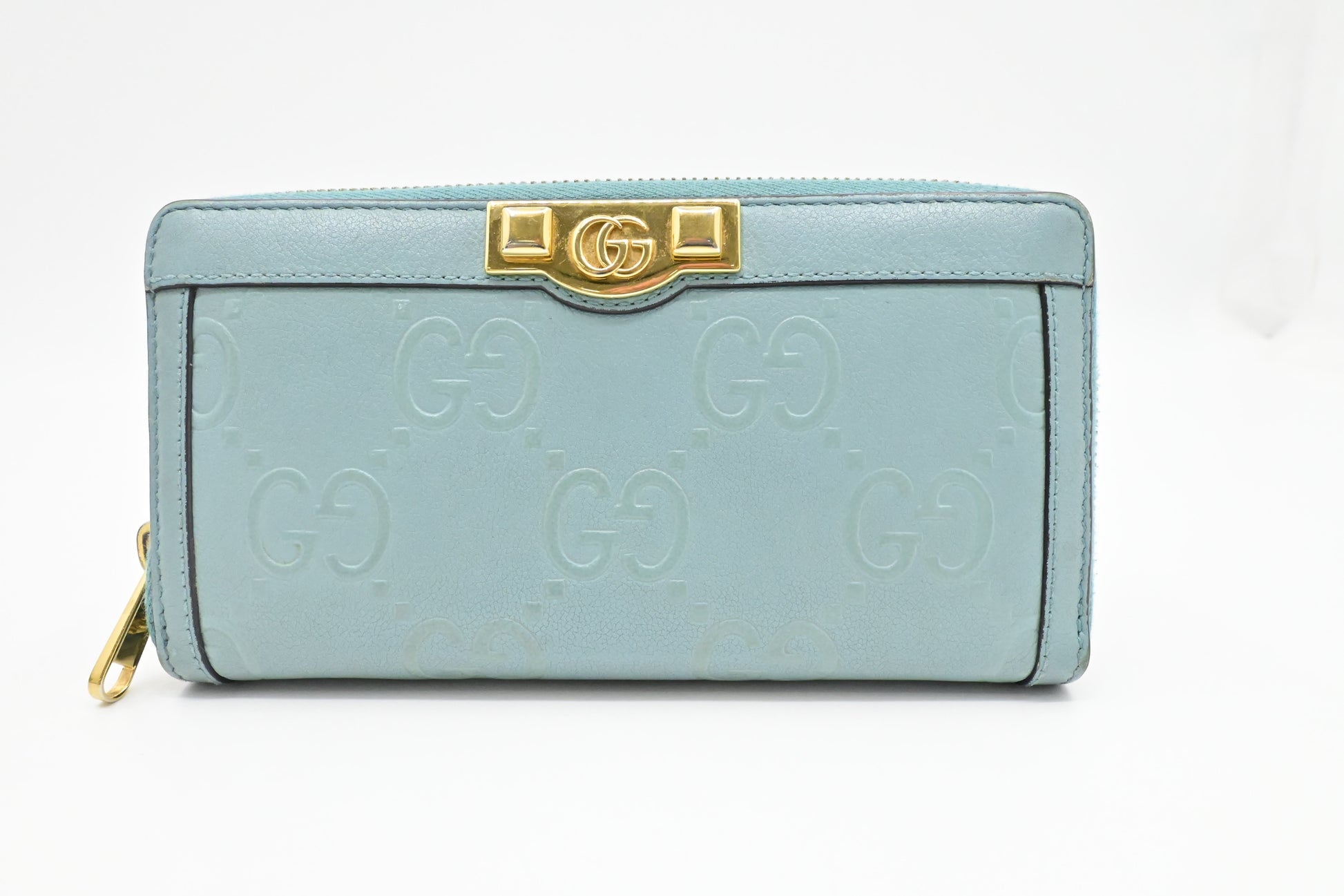 Gucci Long Zippy Light Leather Blue Wallet Case