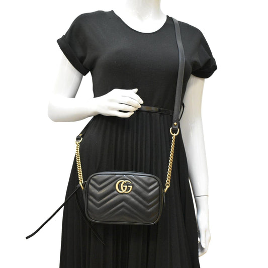 Gucci Marmont Calfskin Crossbody Camera Bag Matelasse Black Crossbody Bag