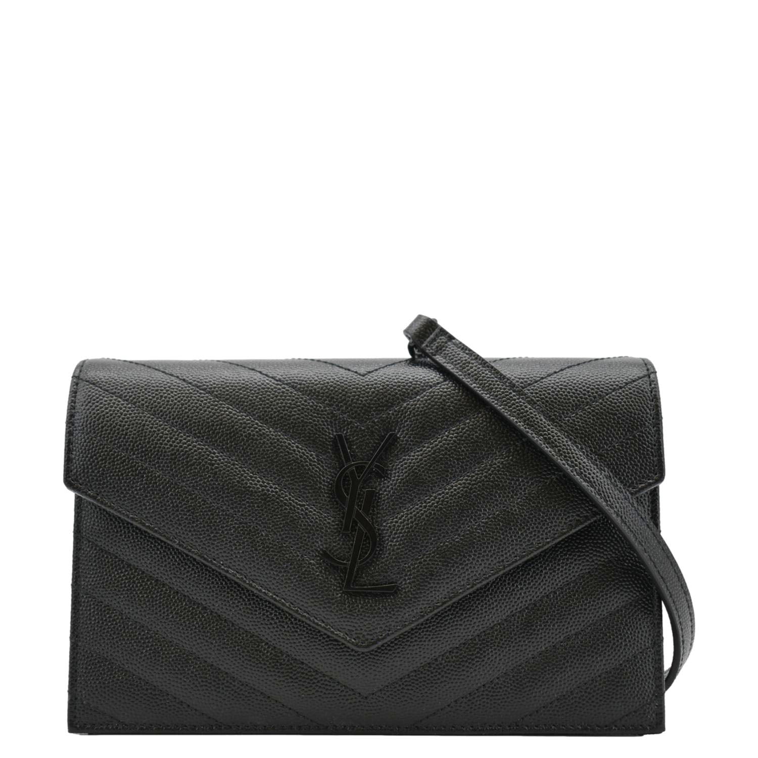 YSL Saint Laurent Yves Envelope Grain De Poudre Crossbody Bag Leather Monogram Black
