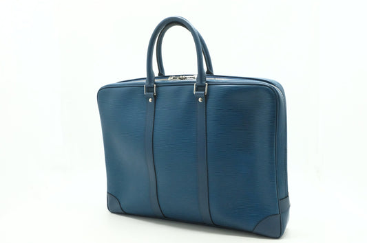 Louis Vuitton Porte Documents Blue Leather Epi Handbag