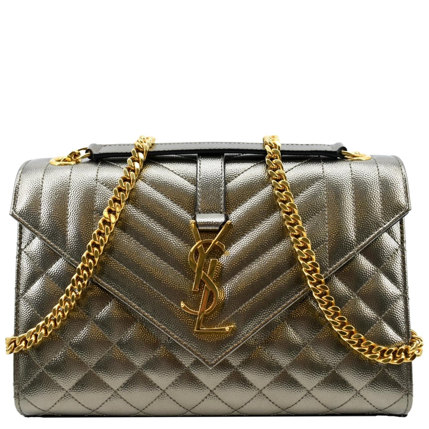 YSL Saint Laurent Yves Envelope Shoulder Bag Metallic Leather Matelasse Medium