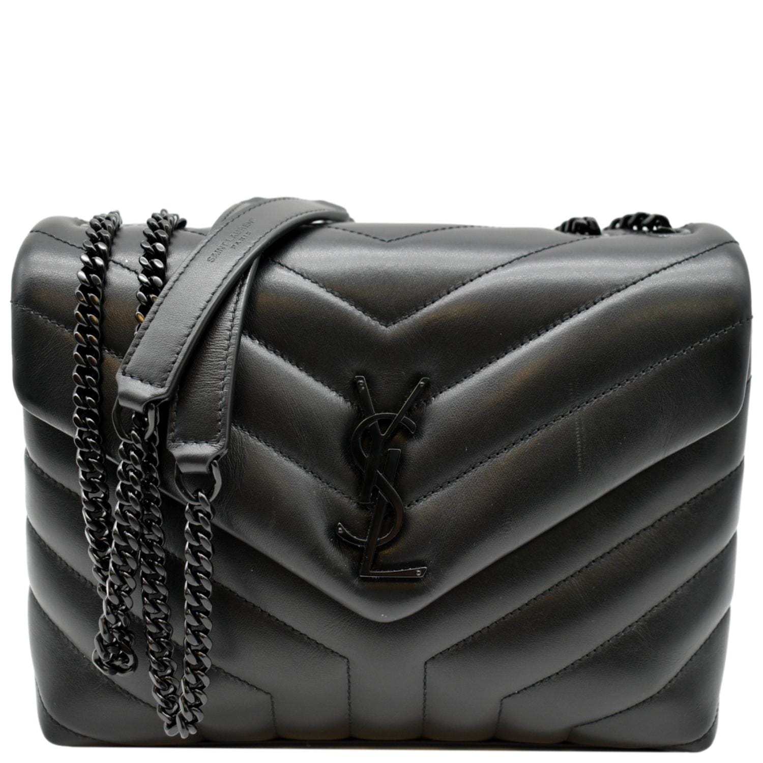 YSL Saint Laurent Yves Loulou Calfskin Shoulder Bag Leather Black Small